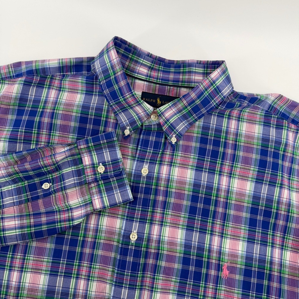 Ralph Lauren Button Down Mens 3XLT Blue Green Pink Plaid Stretch Cotton Tall